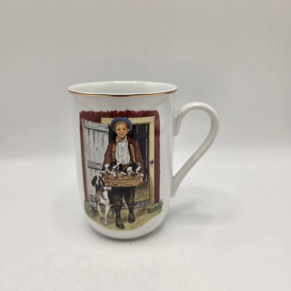Norman Rockwell Museum Mug White Puppy Love Boy Dogs 1985 Vintage Americana Gift